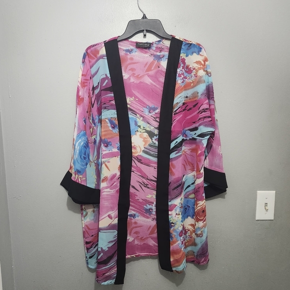 Marciano Guess Floral Kimono Cardigan with Black Trim Size S Pink - Picture 1 of 7